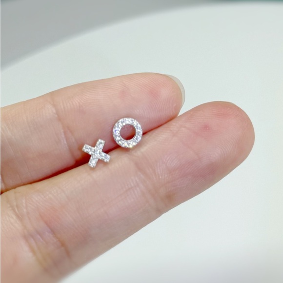 Letter X&O Asymmetry Studs Earrings w/CZ-ECZ016 - Picture 6 of 16